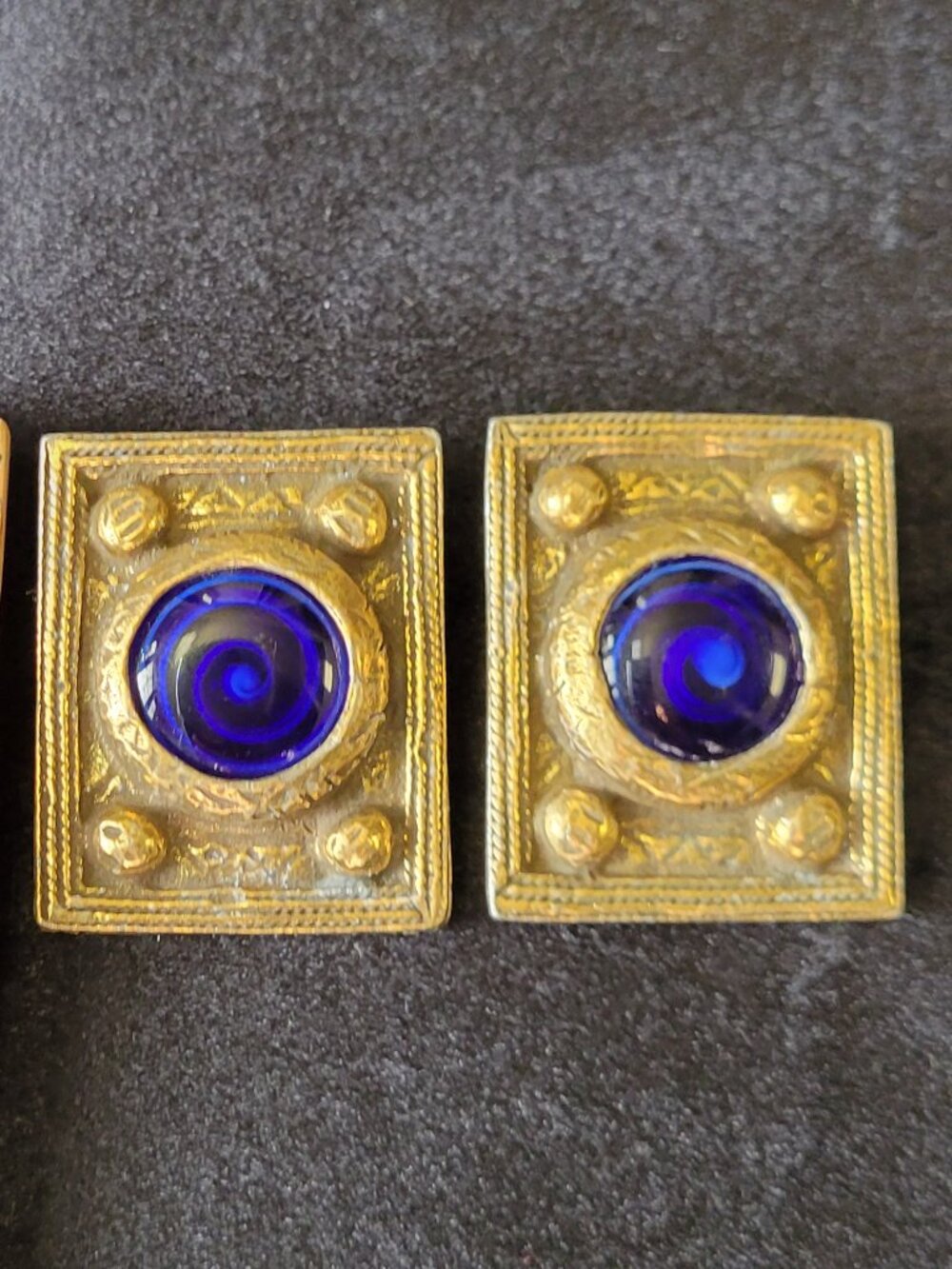VTG Brass Etruscan Byzantine Style Rectangle Clip On 80s Earrings Blue Cabochon